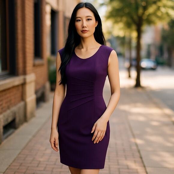 Calvin Klein Plum Hip Pleated Sheath Dress Size 14 Elegant Career & Evening Wear - Picture 1 of 8